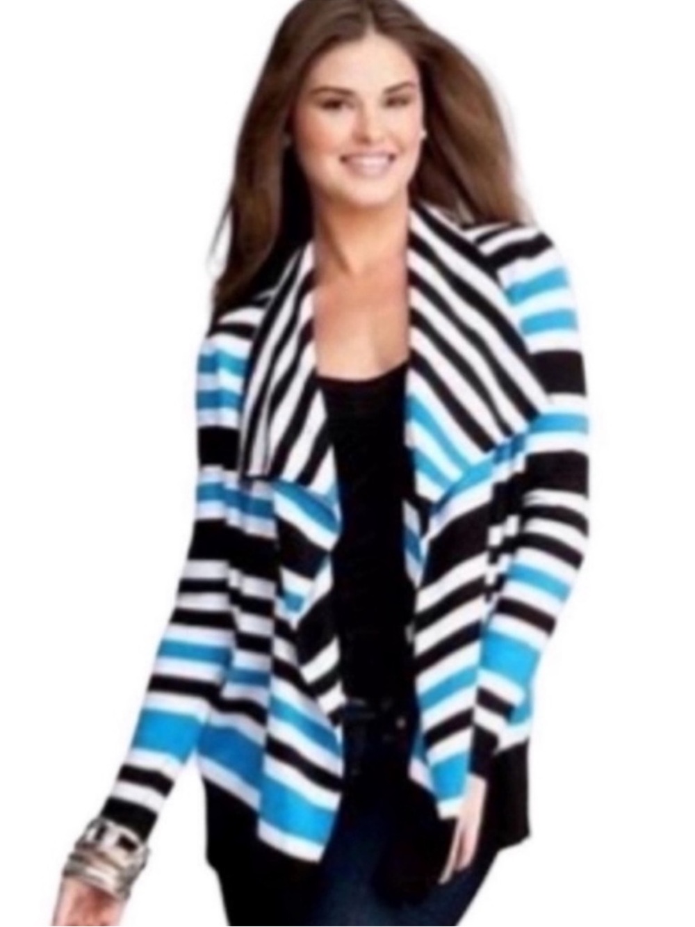 NEW Bebe Black, White and Aqua Blue Stripe Long Sleeve Open Cardigan Size Small